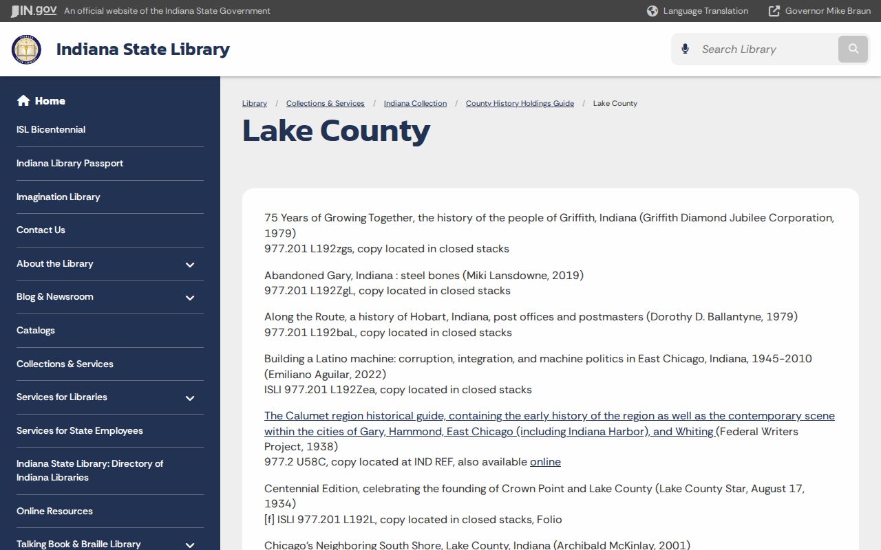Indiana State Library holdings listing Highland history books